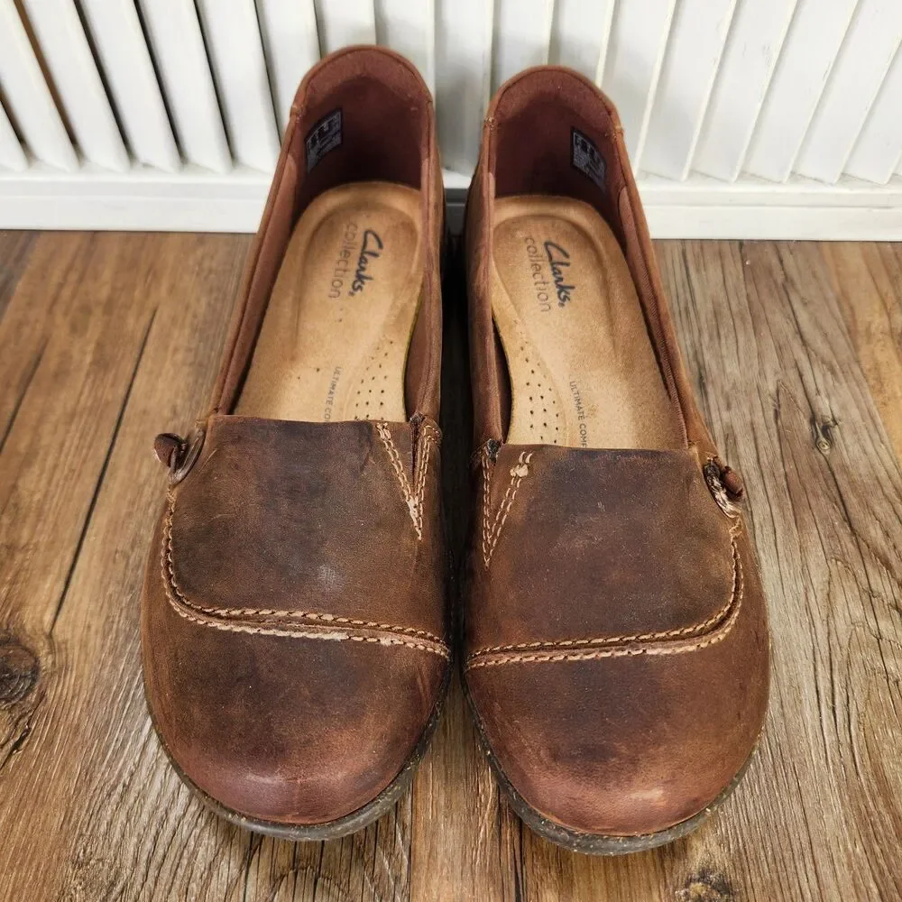 Clarks Roseville Sky Loafers Womens Size 8 Wide Mahogany Leather Slip On Shoes
